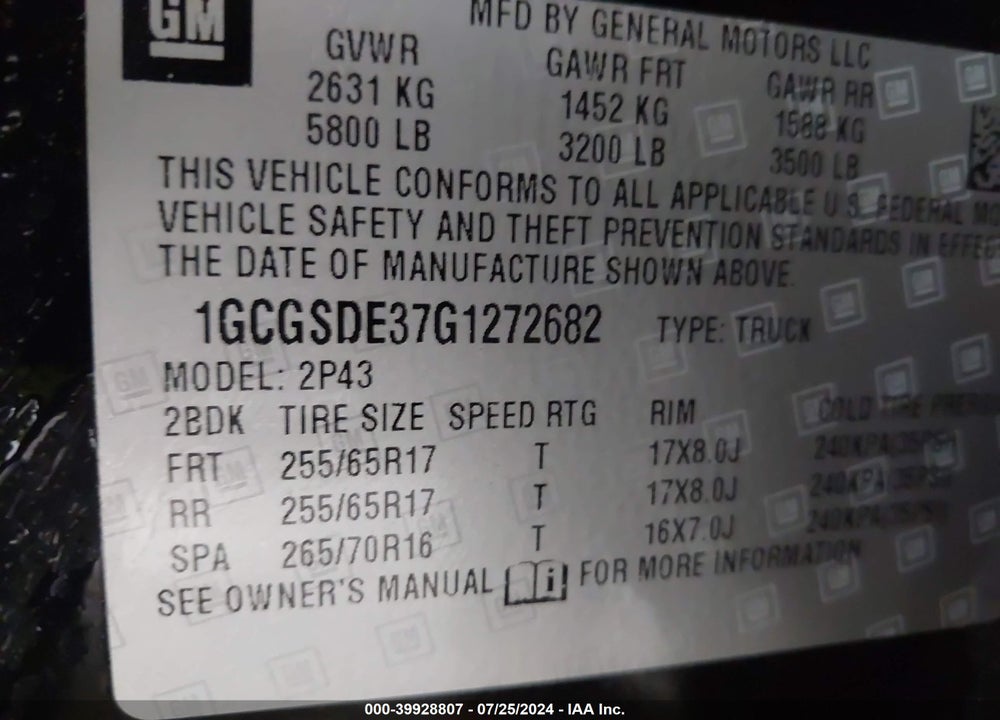 2016 CHEVROLET COLORADO Z71 VIN: 1GCGSDE37G1272682