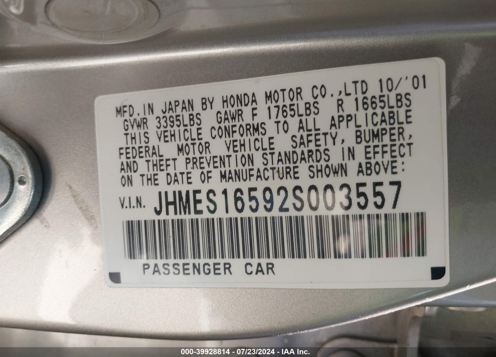 2002 HONDA CIVIC LX VIN: JHMES16592S003557