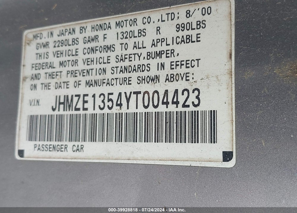 2000 HONDA INSIGHT VIN: JHMZE1354YT004423