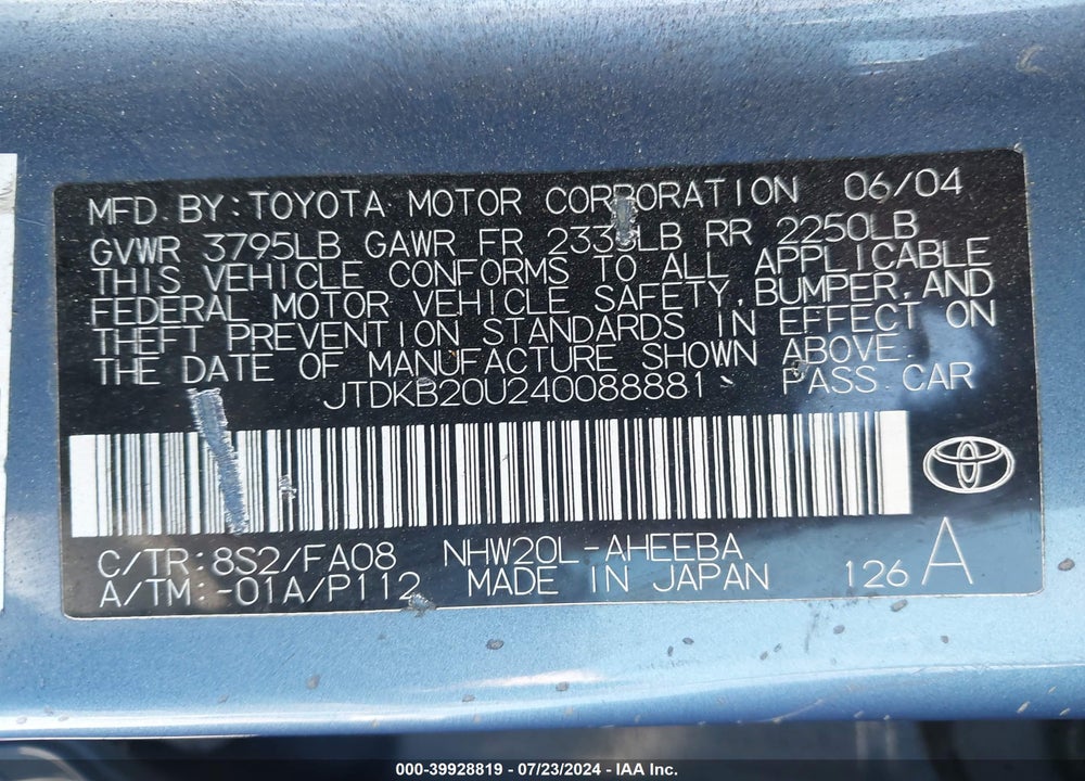2004 TOYOTA PRIUS VIN: JTDKB20U240088881