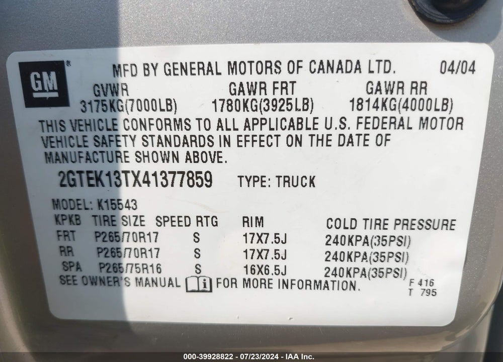 2004 GMC SIERRA 1500 SLE VIN: 2GTEK13TX41377859