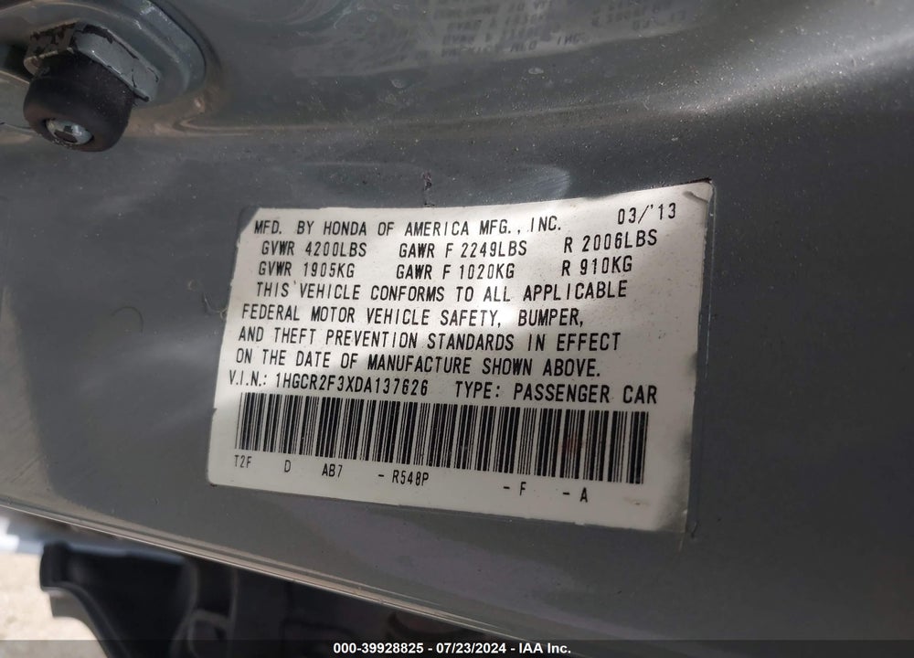 2013 HONDA ACCORD LX VIN: 1HGCR2F3XDA137626