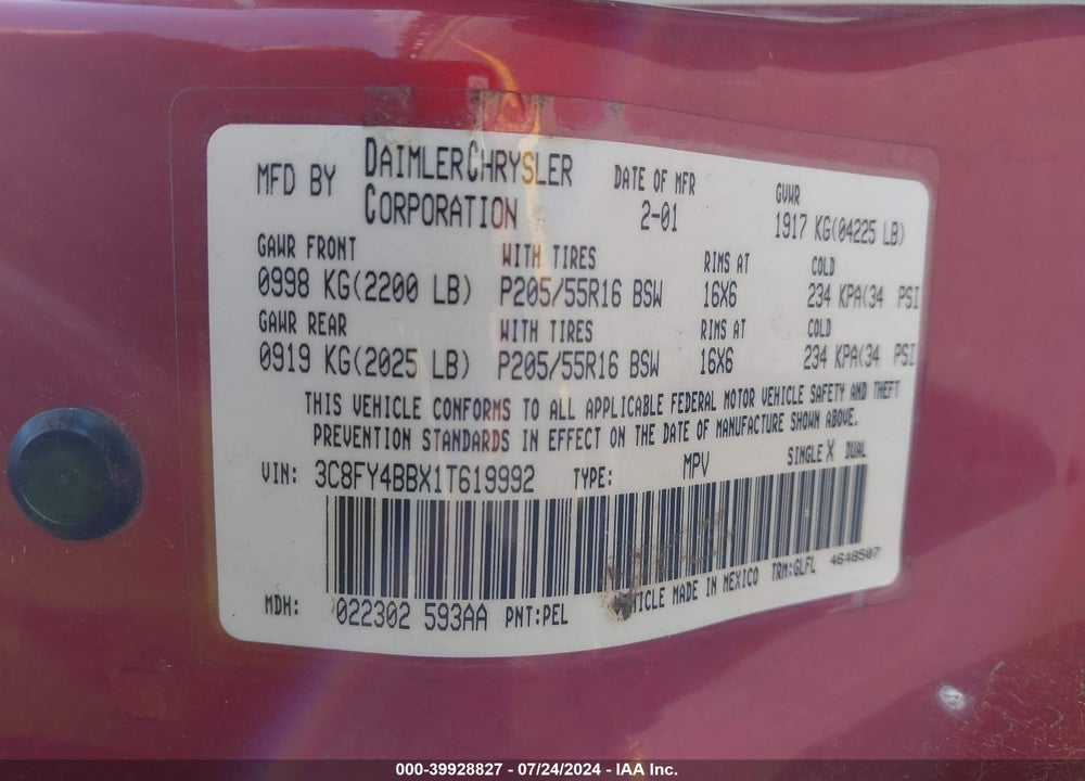 2001 CHRYSLER PT CRUISER VIN: 3C8FY4BBX1T619992