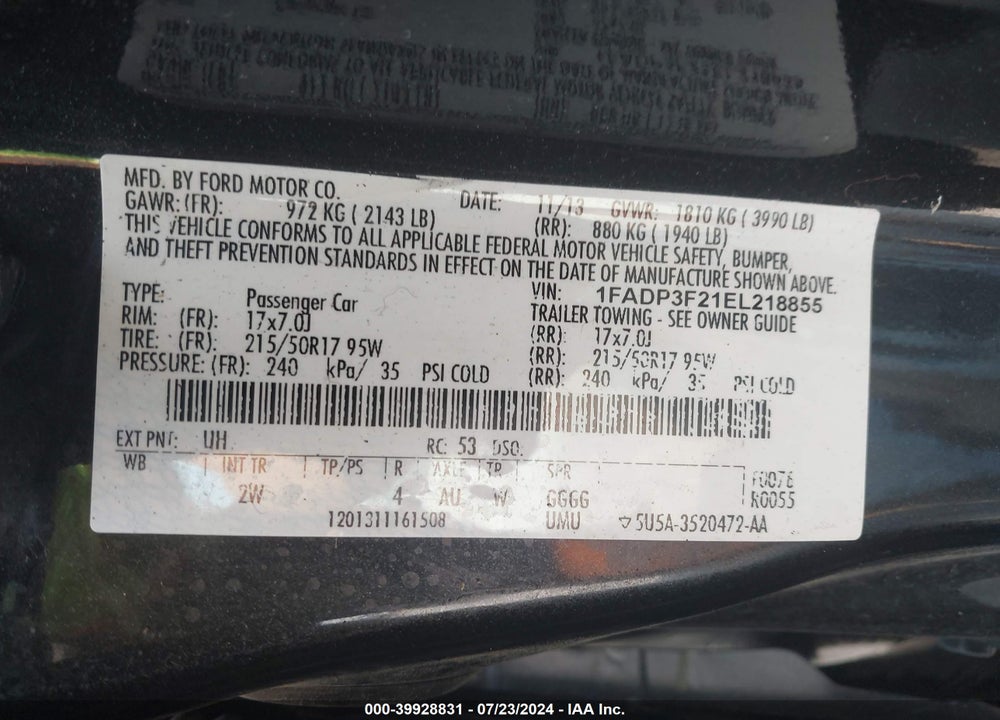 2014 FORD FOCUS SE VIN: 1FADP3F21EL218855