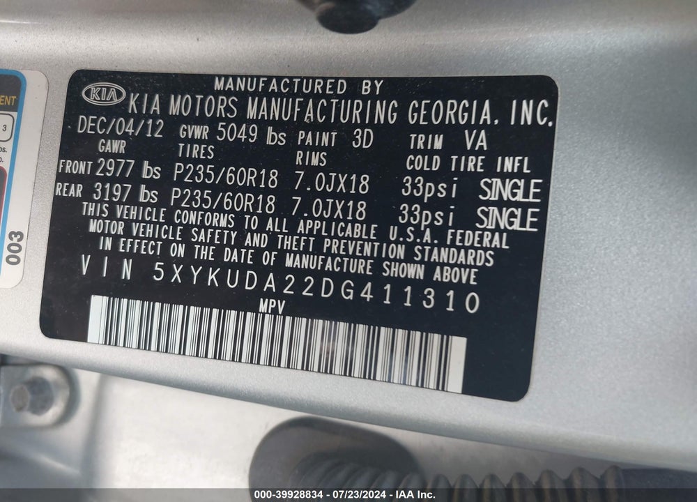 2013 KIA SORENTO EX V6 VIN: 5XYKUDA22DG411310