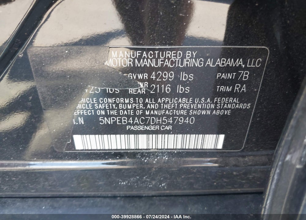 2013 HYUNDAI SONATA GLS VIN: 5NPEB4AC7DH547940