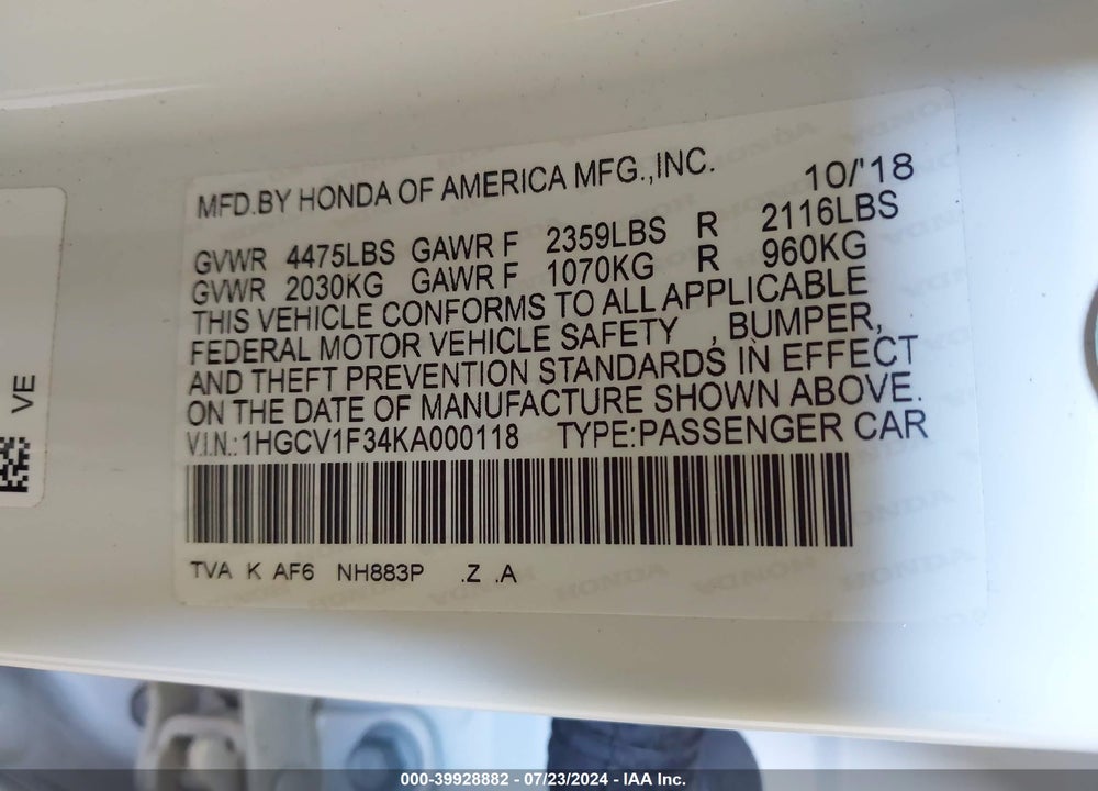 2019 HONDA ACCORD SPORT VIN: 1HGCV1F34KA000118