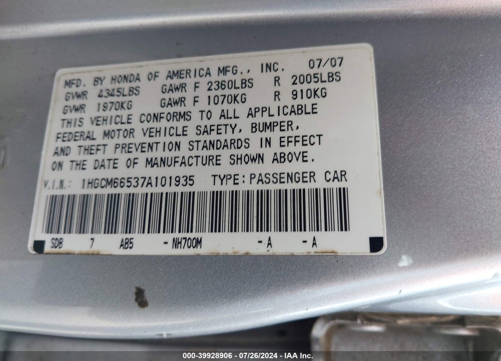 2007 HONDA ACCORD 3.0 EX VIN: 1HGCM66537A101935
