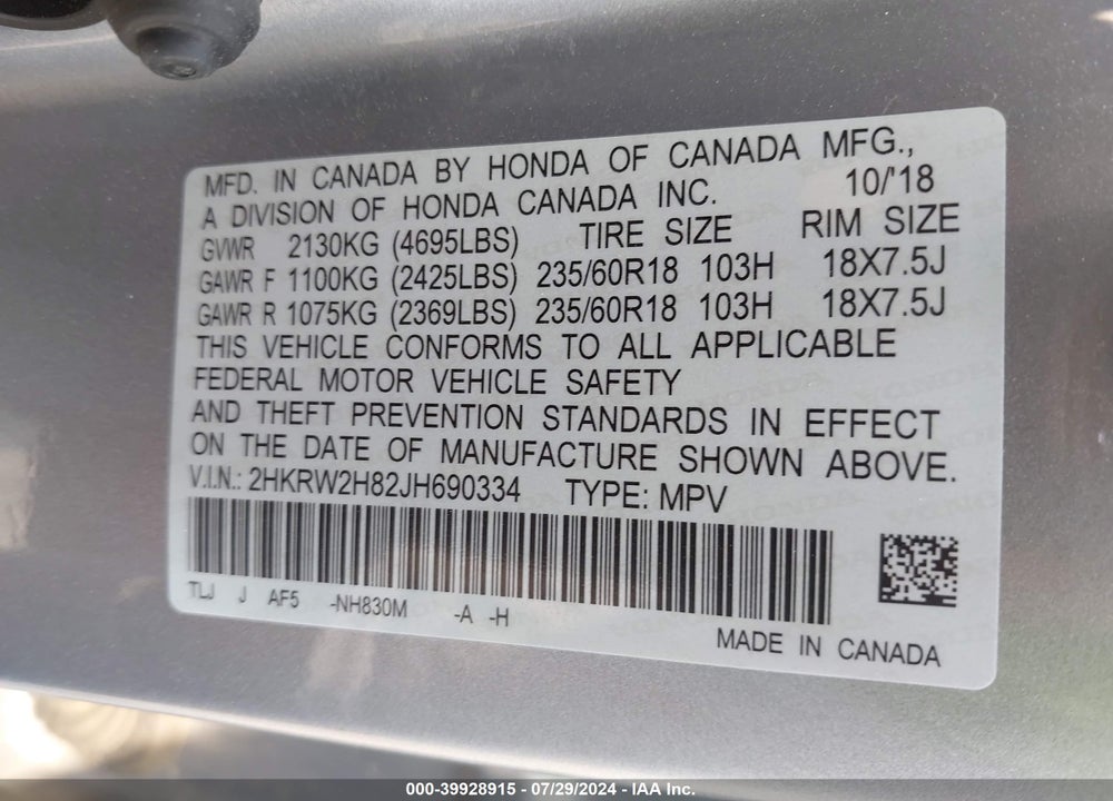2018 HONDA CR-V EX-L/EX-L NAVI VIN: 2HKRW2H82JH690334
