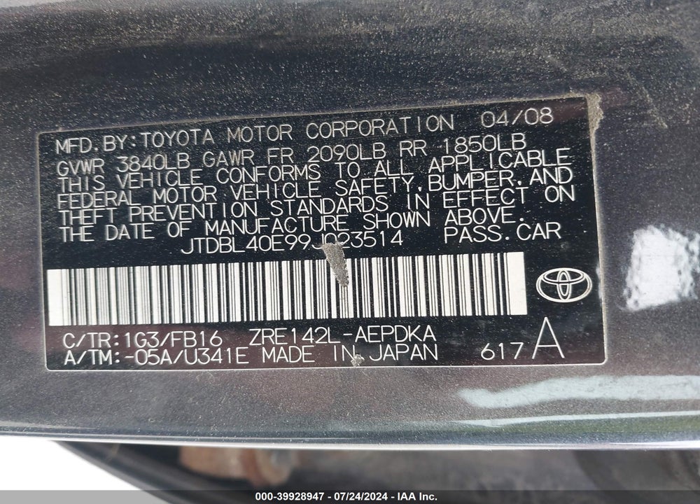 2009 TOYOTA COROLLA LE VIN: JTDBL40E99J023514