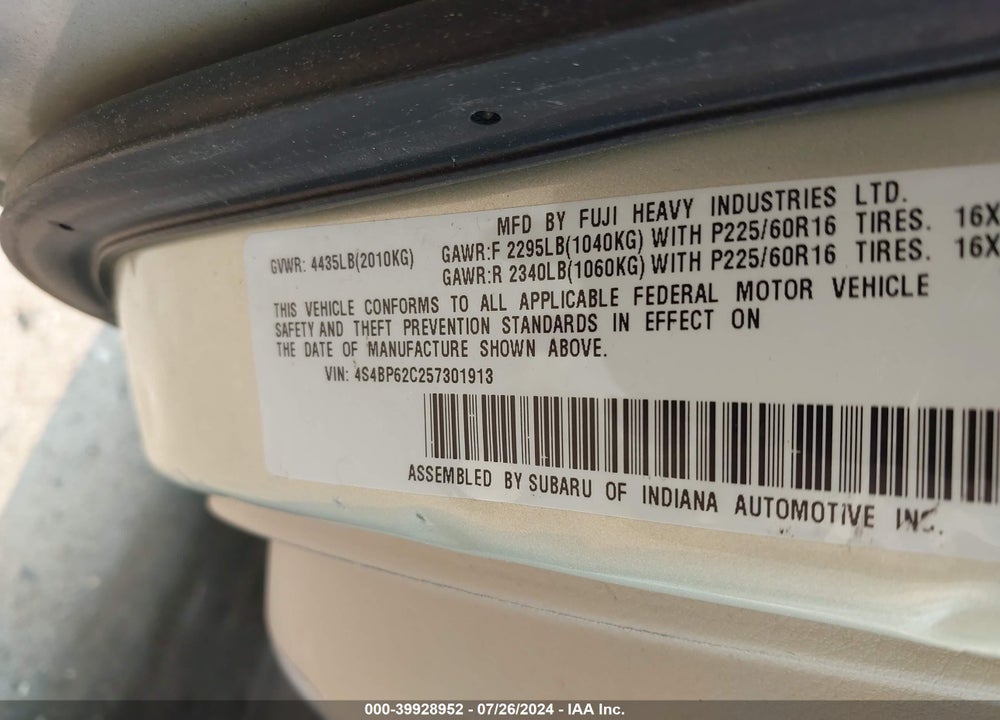 2005 SUBARU OUTBACK 2.5I LIMITED VIN: 4S4BP62C257301913