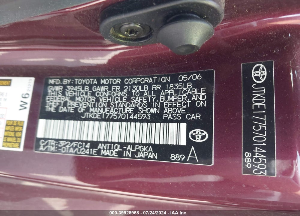 2007 SCION TC VIN: JTKDE177570144593