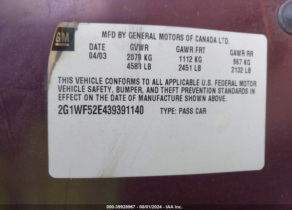 2003 CHEVROLET IMPALA VIN: 2G1WF52E439391140