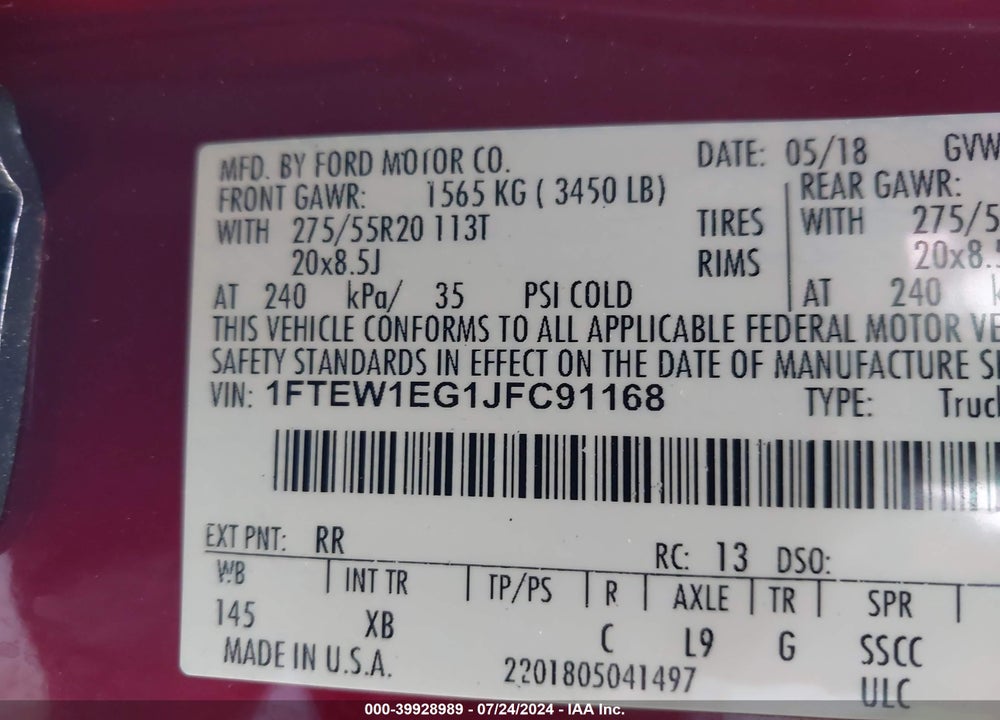 2018 FORD F-150 XLT VIN: 1FTEW1EG1JFC91168