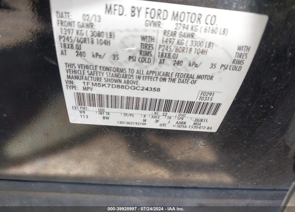 2013 FORD EXPLORER XLT VIN: 1FM5K7D88DGC24358