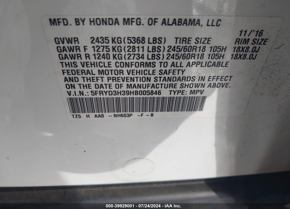 2017 ACURA MDX VIN: 5FRYD3H39HB005846