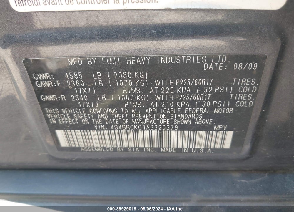 2010 SUBARU OUTBACK 2.5I LIMITED VIN: 4S4BRCKC1A3320379