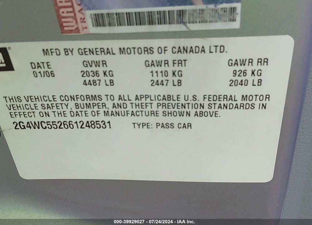 2006 BUICK LACROSSE CX VIN: 2G4WC552661248531