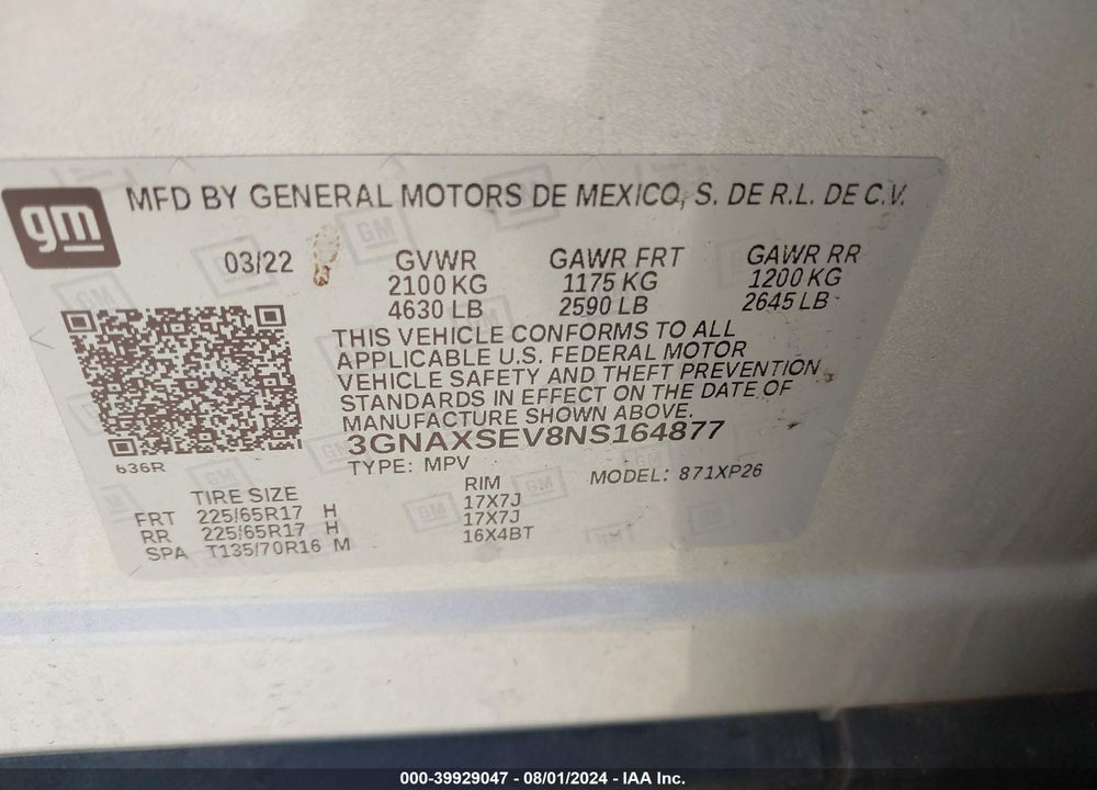 2022 CHEVROLET EQUINOX AWD LS VIN: 3GNAXSEV8NS164877