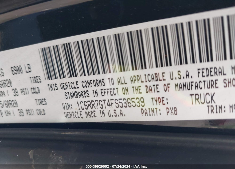 2015 RAM 1500 BIG HORN VIN: 1C6RR7GT4FS536539