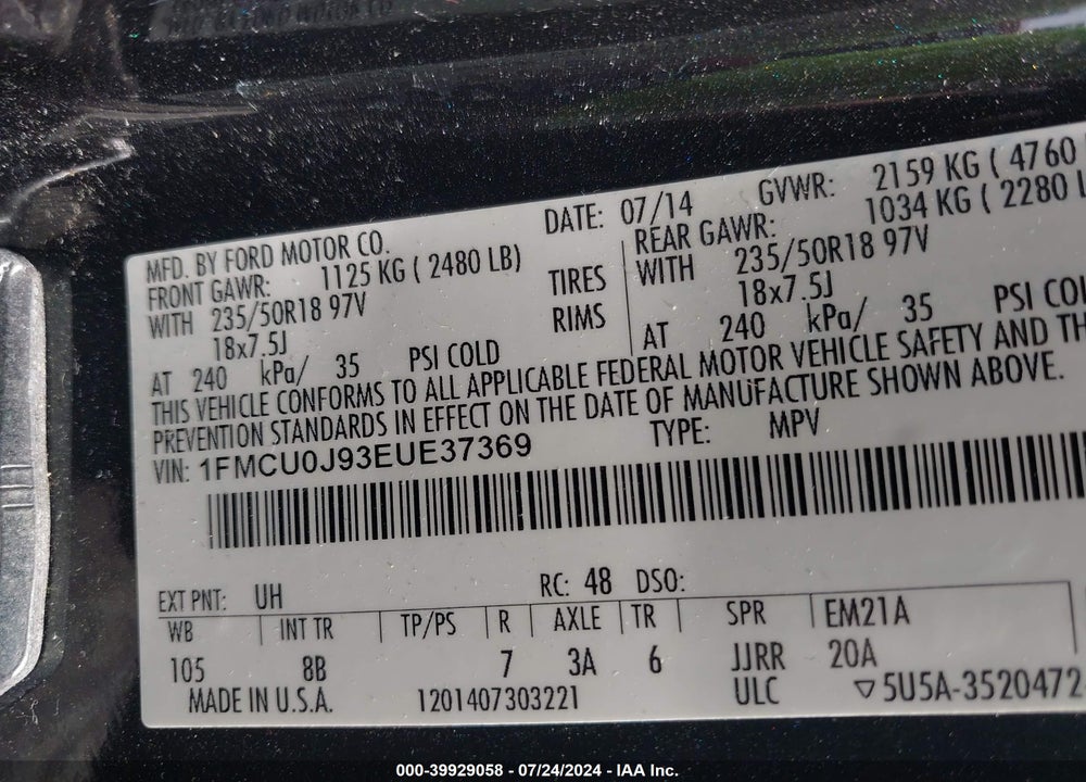 2014 FORD ESCAPE TITANIUM VIN: 1FMCU0J93EUE37369
