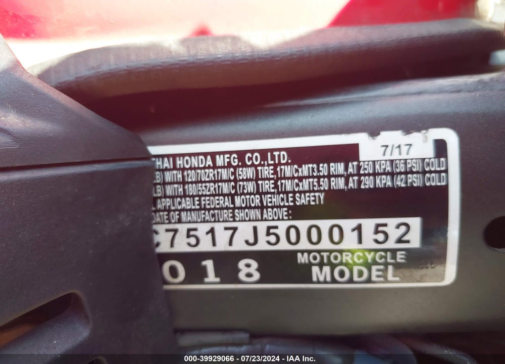 2018 HONDA CB650 F VIN: MLHRC7517J5000152