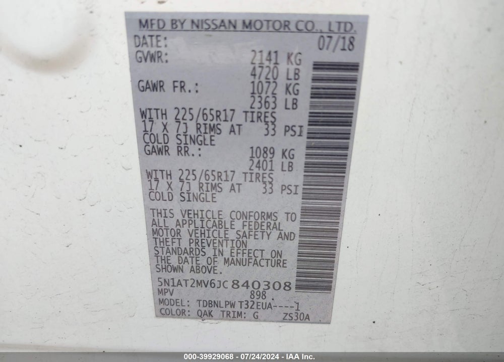 2018 NISSAN ROGUE S VIN: 5N1AT2MV6JC840308