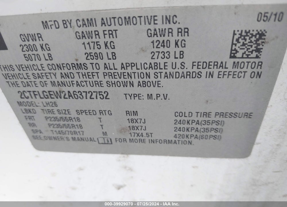 2010 GMC TERRAIN SLT-1 VIN: 2CTFLGEW2A6372752