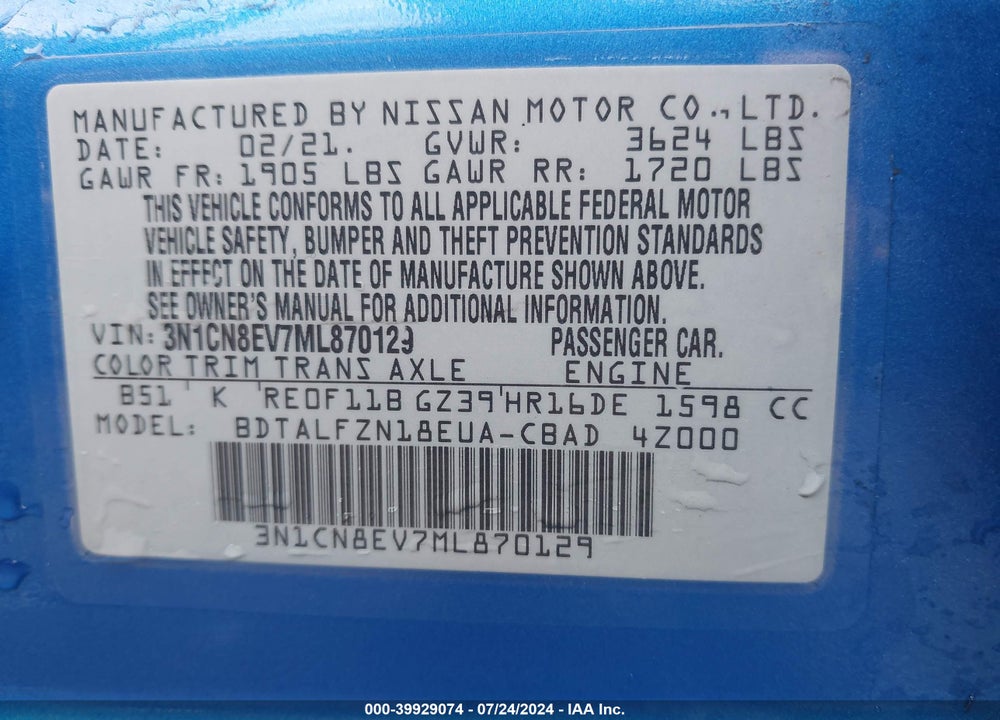 2021 NISSAN VERSA SV XTRONIC CVT VIN: 3N1CN8EV7ML870129