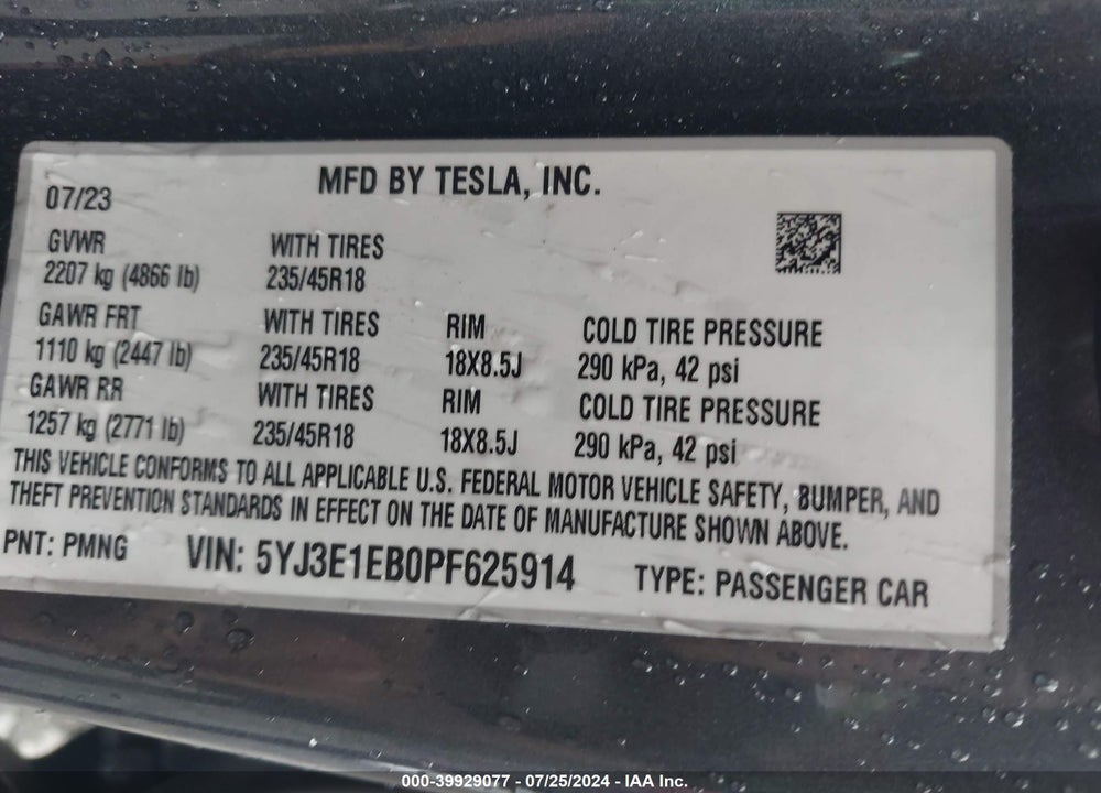 2023 TESLA MODEL 3 LONG RANGE DUAL MOTOR ALL-WHEEL DRIVE VIN: 5YJ3E1EB0PF625914