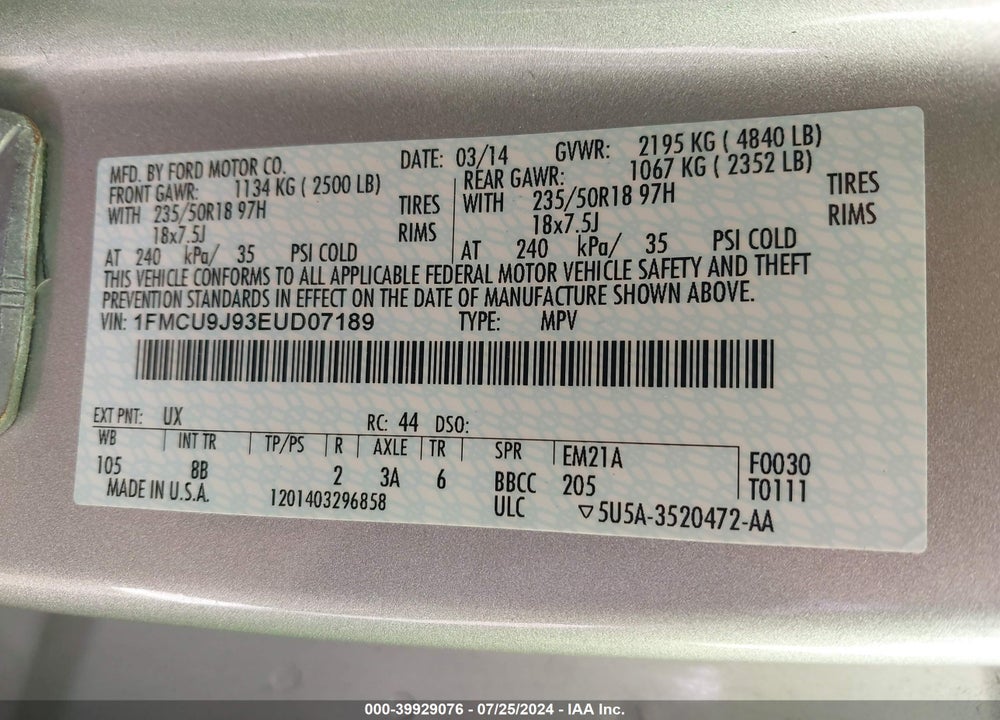 2014 FORD ESCAPE TITANIUM VIN: 1FMCU9J93EUD07189
