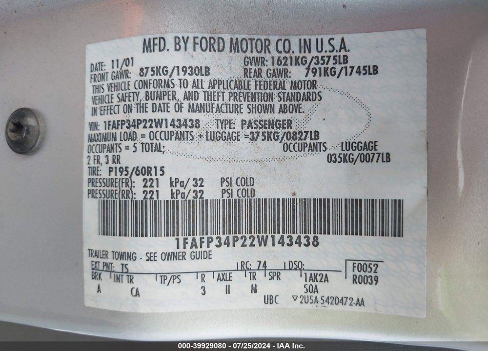 2002 FORD FOCUS SE VIN: 1FAFP34P22W143438