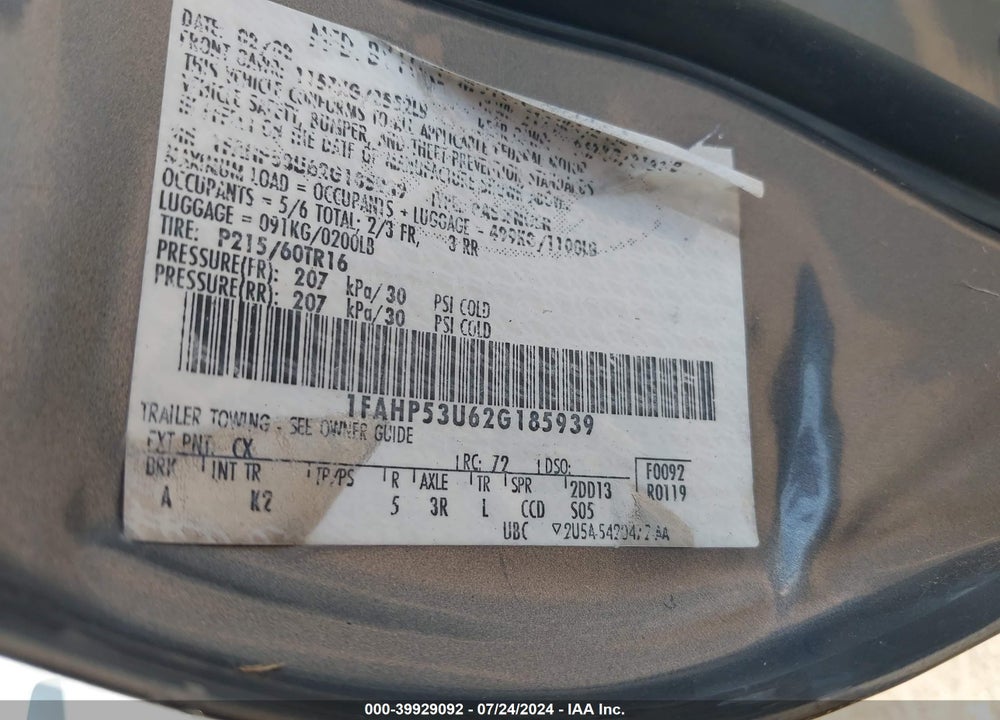 2002 FORD TAURUS SE VIN: 1FAHP53U62G185939