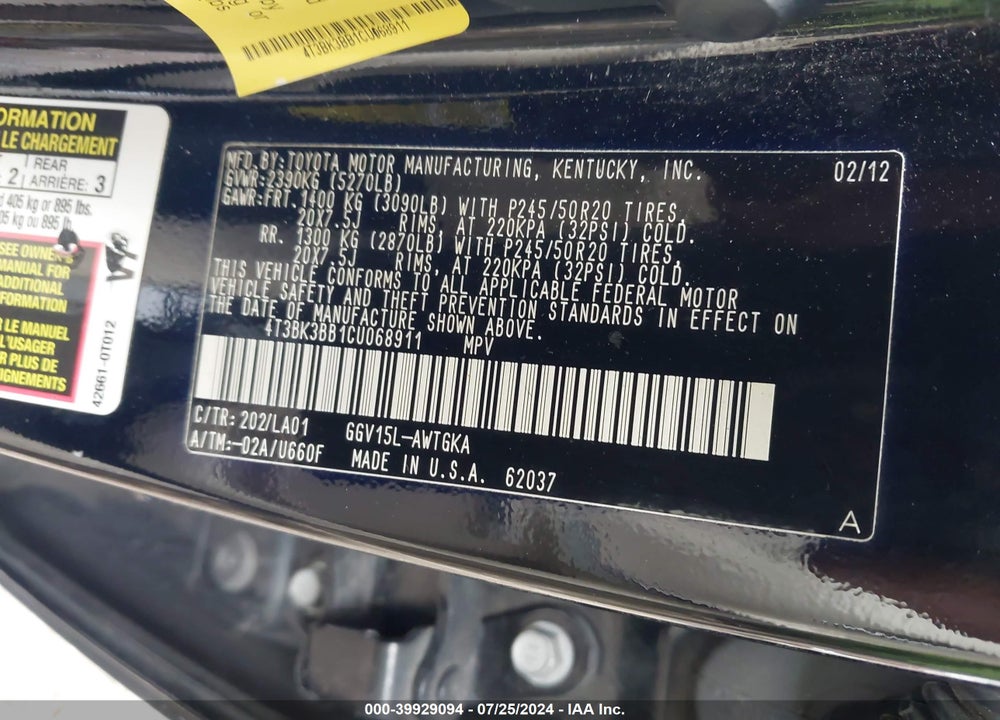 2012 TOYOTA VENZA XLE V6 VIN: 4T3BK3BB1CU068911