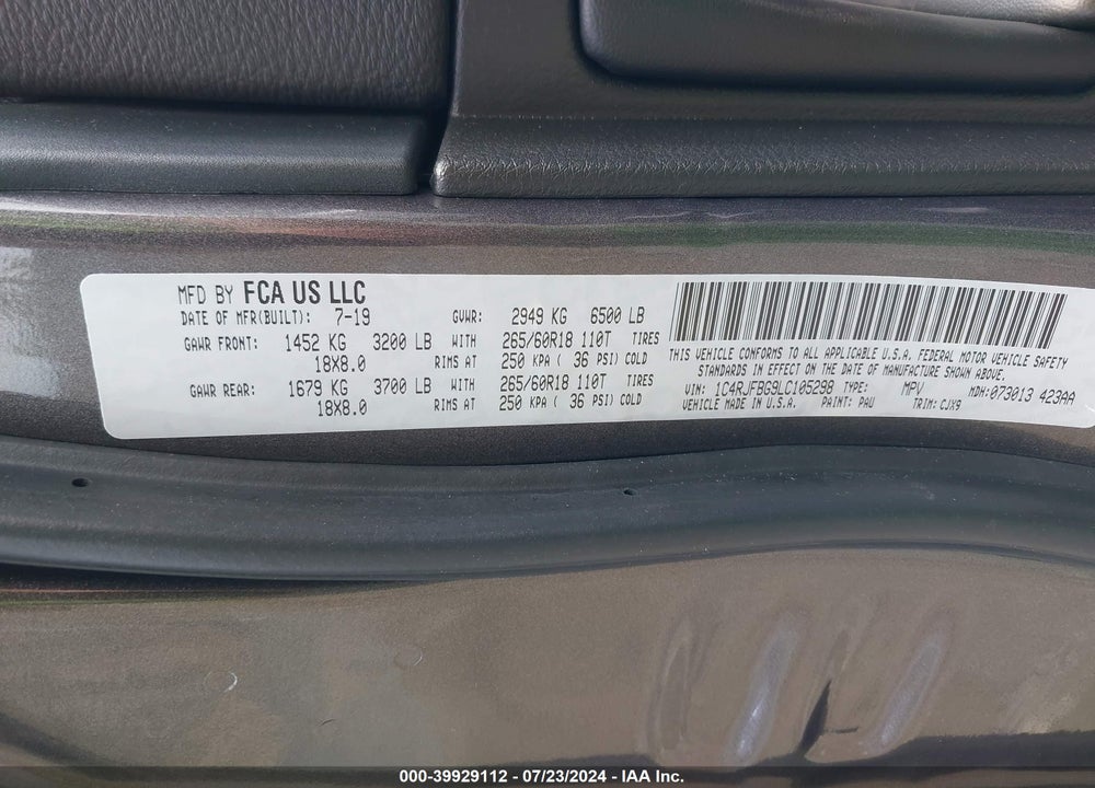 2020 JEEP GRAND CHEROKEE LIMITED 4X4 VIN: 1C4RJFBG9LC105298