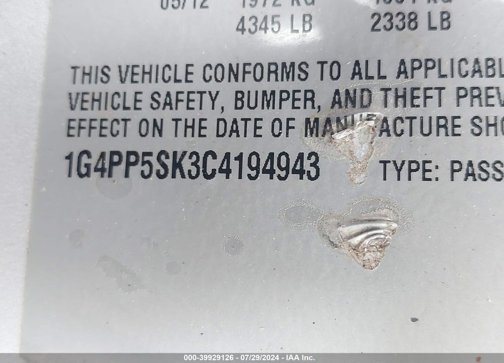 2012 BUICK VERANO VIN: 1G4PP5SK3C4194943