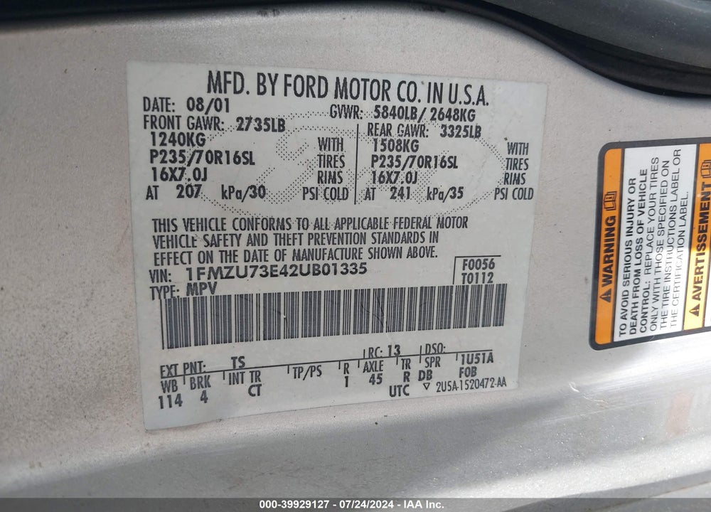 2002 FORD EXPLORER XLT VIN: 1FMZU73E42UB01335