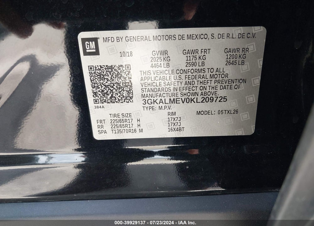 2019 GMC TERRAIN SLE VIN: 3GKALMEV0KL209725