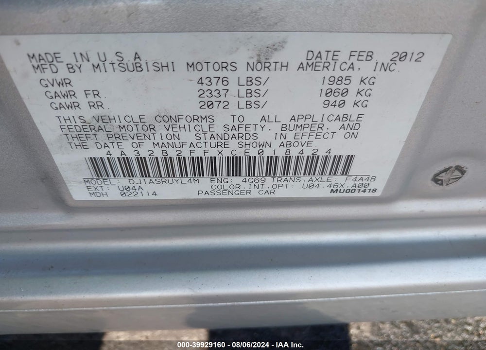 2012 MITSUBISHI GALANT FE VIN: 4A32B2FFXCE018424