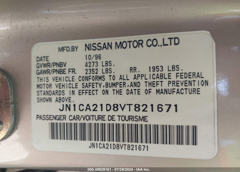 1997 NISSAN MAXIMA GLE/GXE/SE VIN: JN1CA21D8VT821671