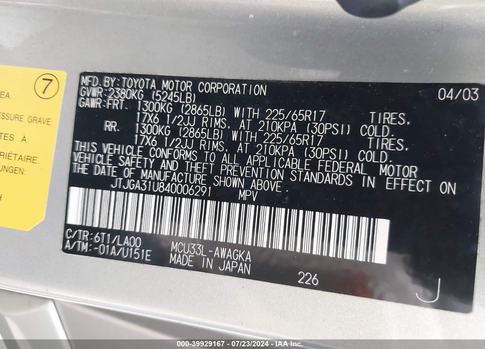 2004 LEXUS RX 330 VIN: JTJGA31U840006291