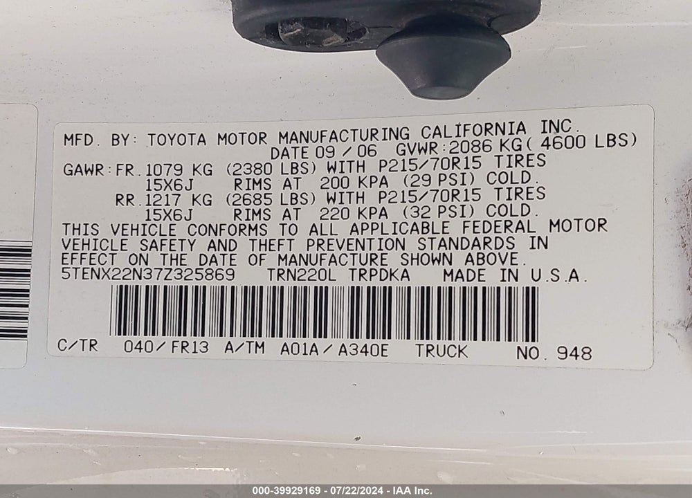 2007 TOYOTA TACOMA VIN: 5TENX22N37Z325869