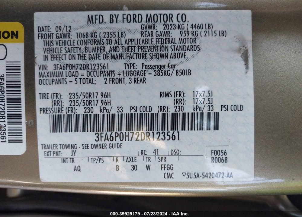 2013 FORD FUSION SE VIN: 3FA6P0H72DR123561