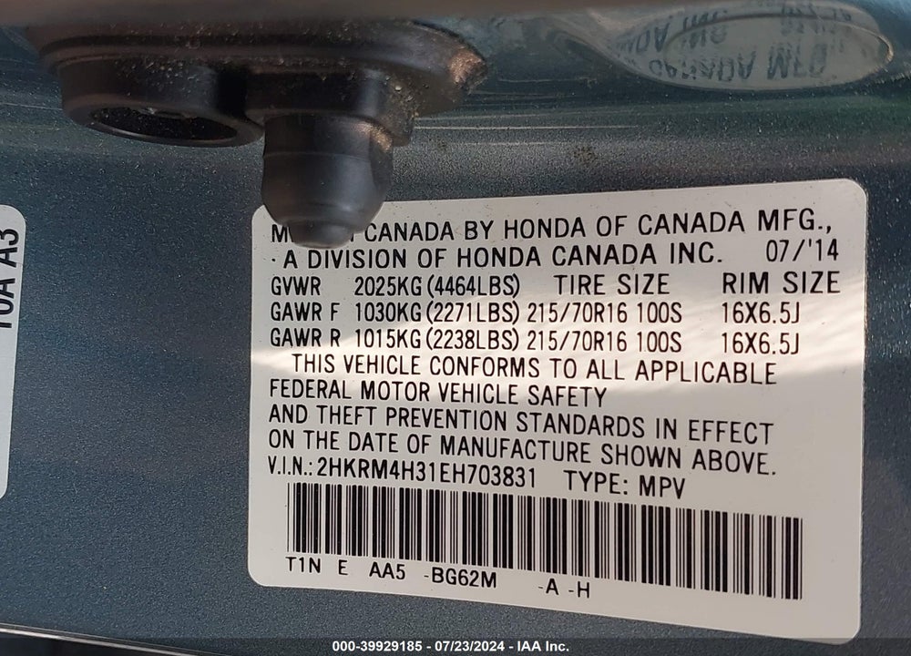 2014 HONDA CR-V LX VIN: 2HKRM4H31EH703831
