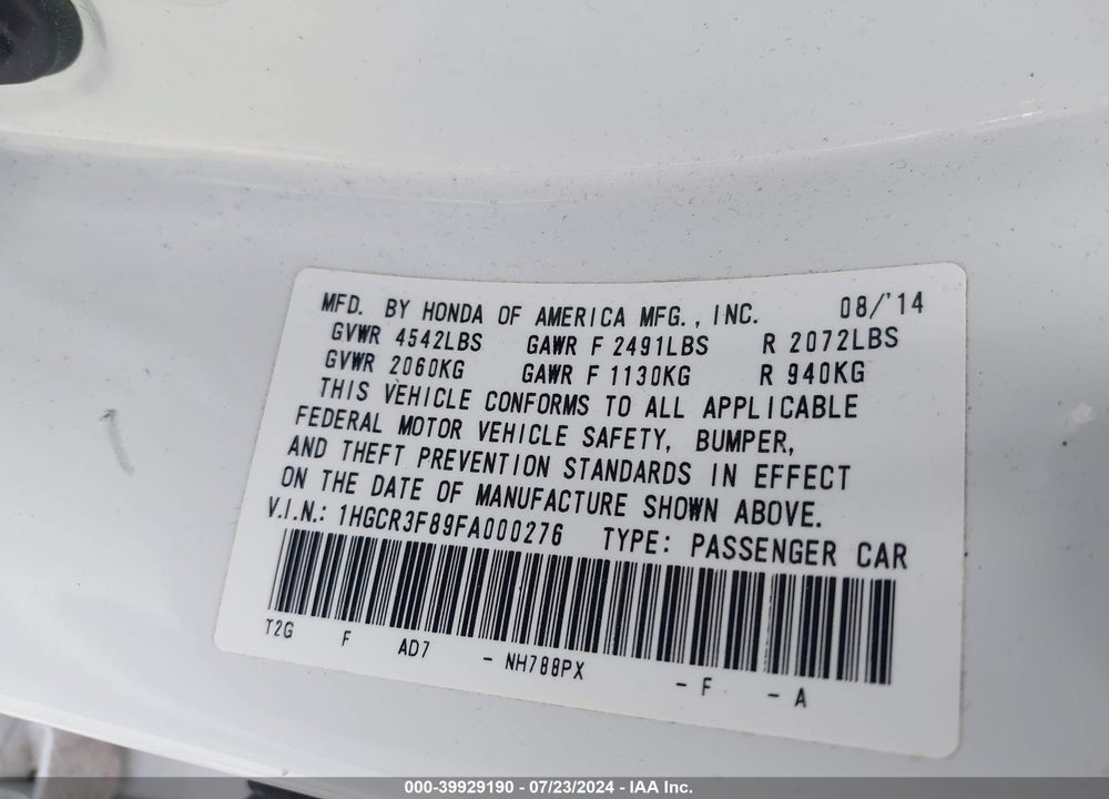 2015 HONDA ACCORD EX-L V-6 VIN: 1HGCR3F89FA000276