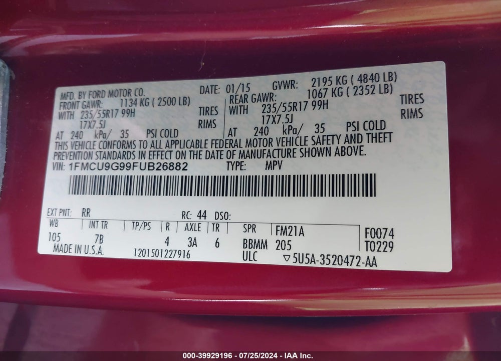 2015 FORD ESCAPE SE VIN: 1FMCU9G99FUB26882