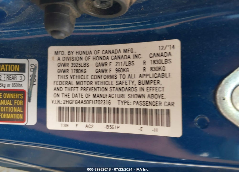 2015 HONDA CIVIC SI VIN: 2HGFG4A50FH702316