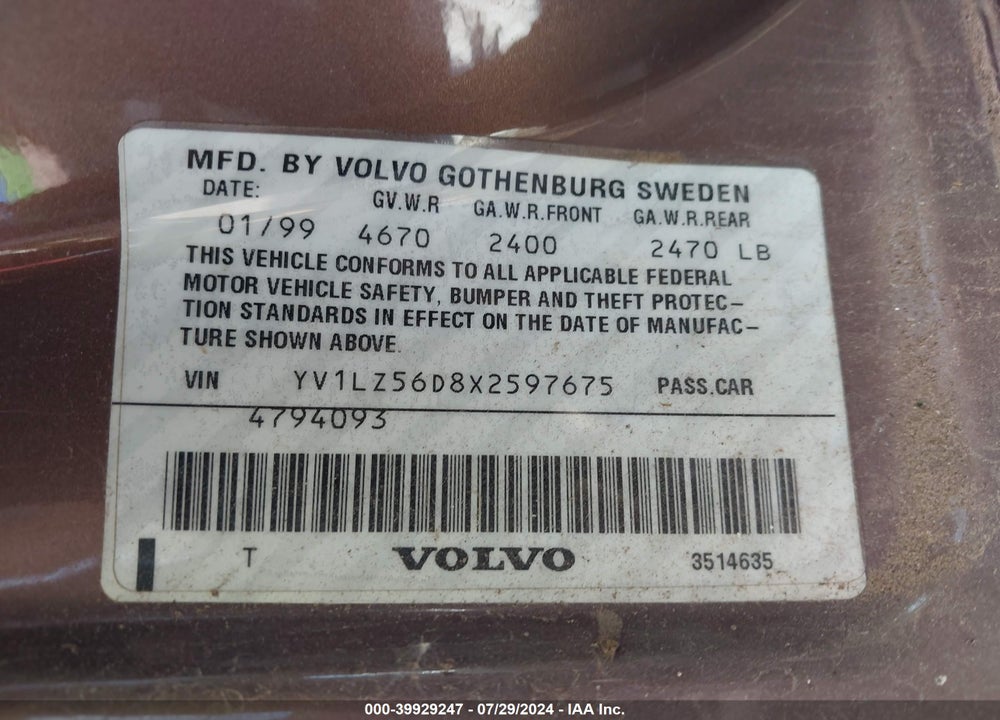 1999 VOLVO V70 XC VIN: YV1LZ56D8X2597675