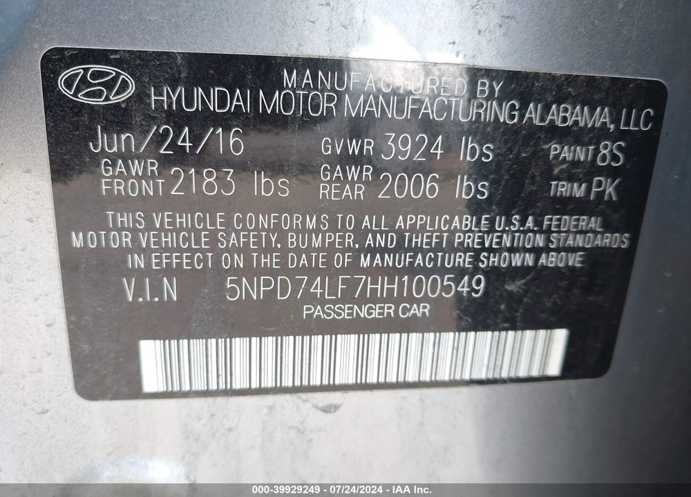 2017 HYUNDAI ELANTRA SE VIN: 5NPD74LF7HH100549