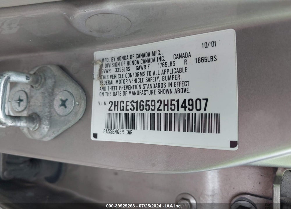 2002 HONDA CIVIC LX VIN: 2HGES16592H514907